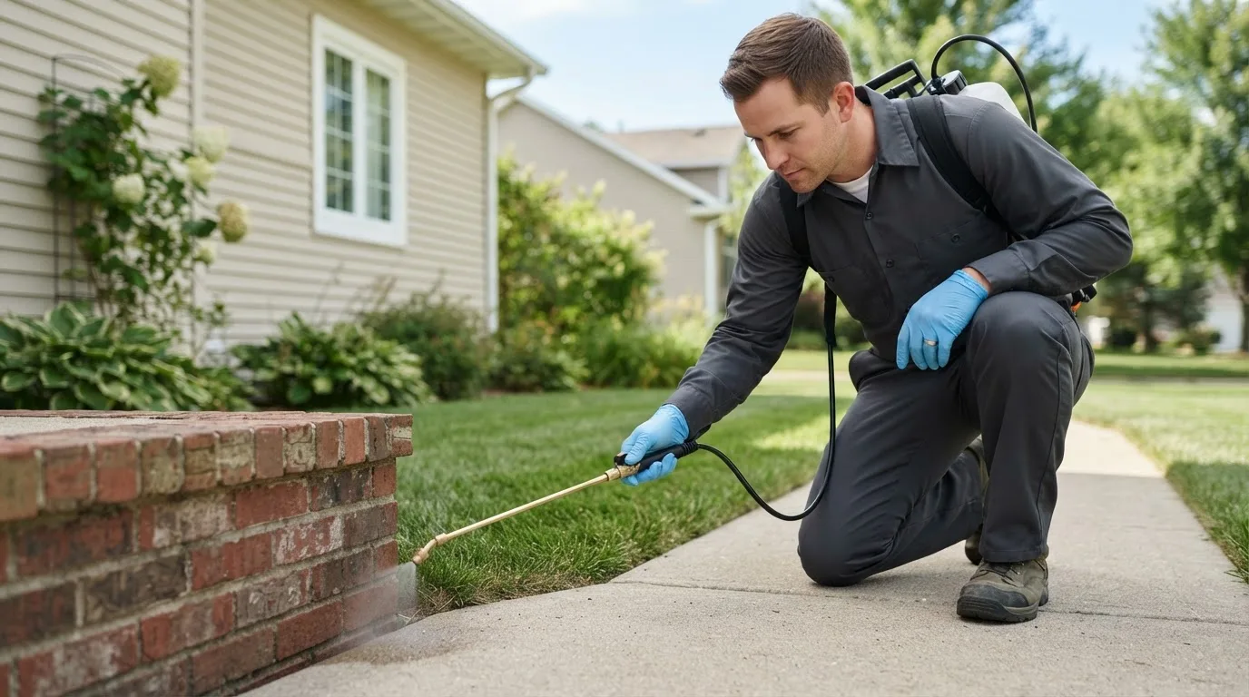 Pest control technician treating a home near Dover, DE